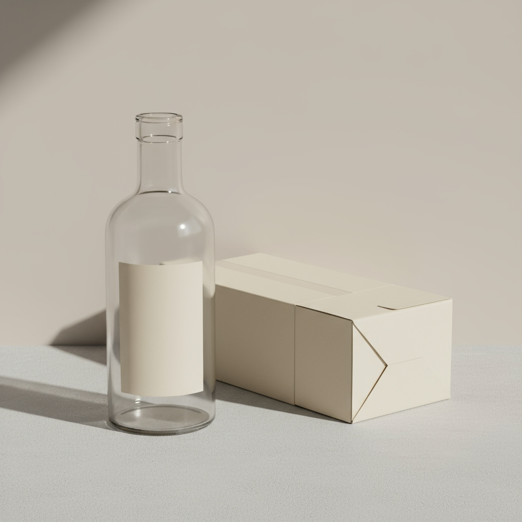 Glasflasche mit Etikettenbereich neben Faltschachtel